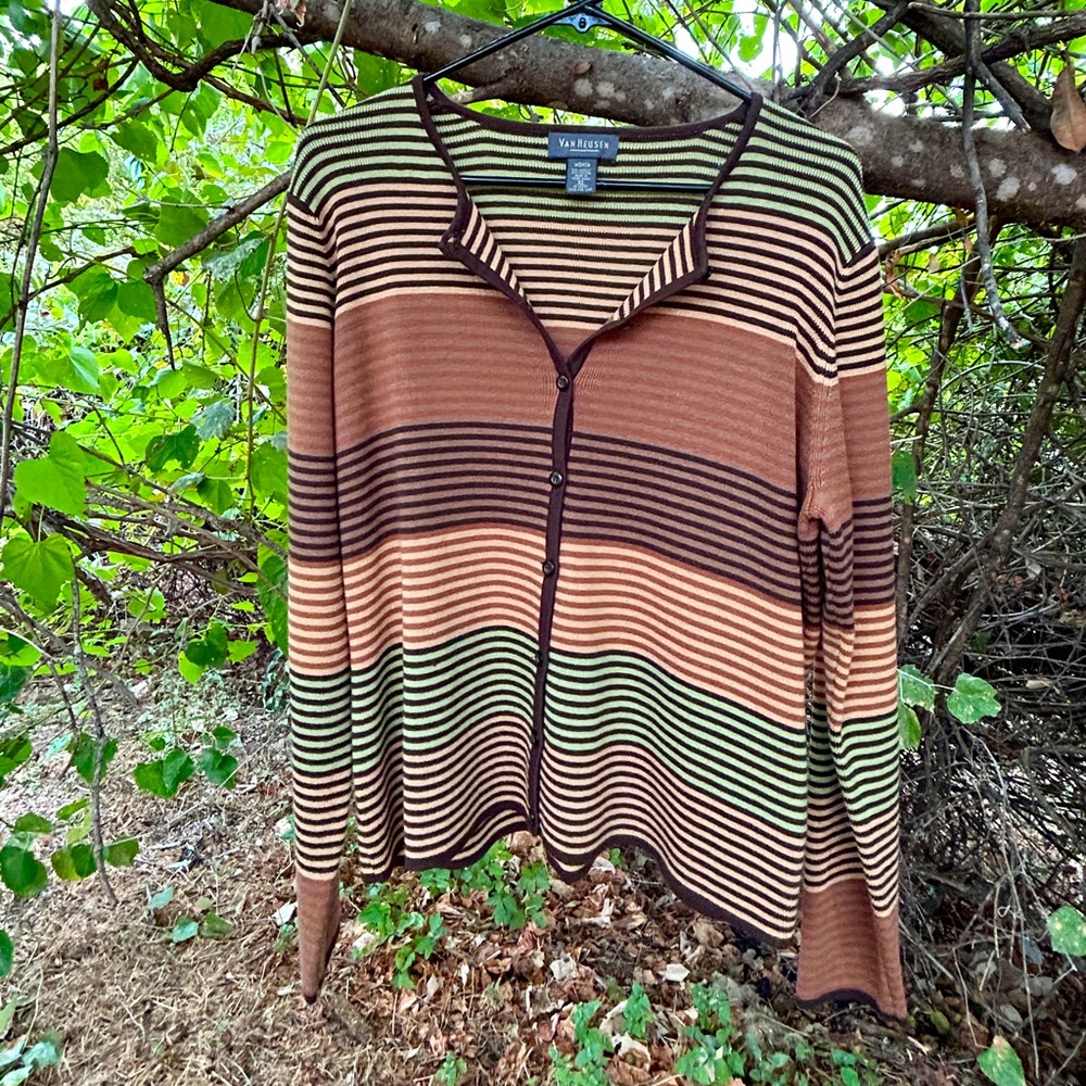 Cute Van Heusen cardigan. Ready for fall with its brown/tan/green stripes.